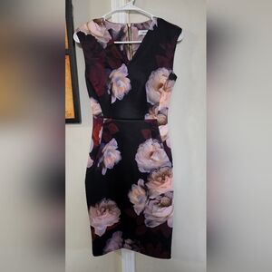 Calvin Klein Black Strapless Floral Sheath Dress with Blush Roses